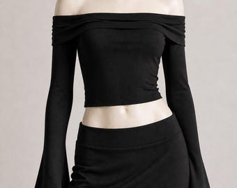 Black Off Shoulder Bell Sleeve Crop Top Soft Goth Shirt Long Sleeve Going Out Top Coquette Fashion Dark Feminine Outfit Cute Date Night Top