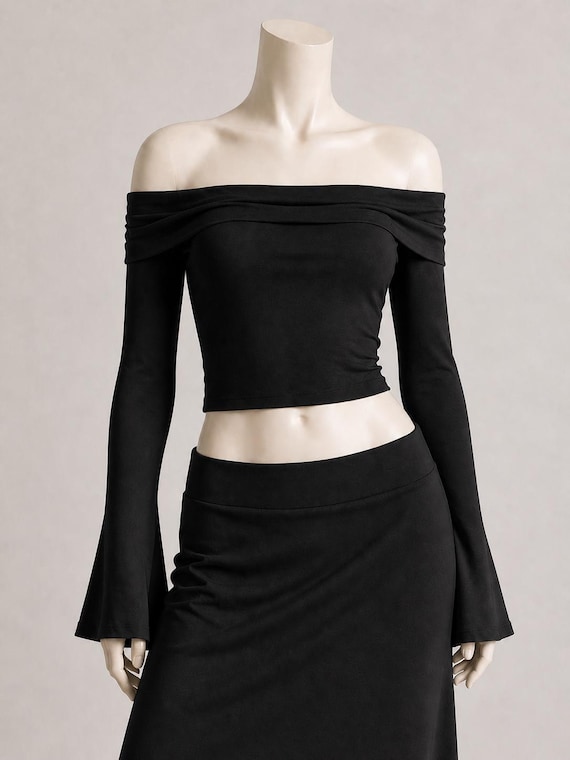 Black Off Shoulder Bell Sleeve Crop Top Soft Goth Shirt Long Sleeve Going Out Top Coquette Fashion Dark Feminine Outfit Cute Date Night Top