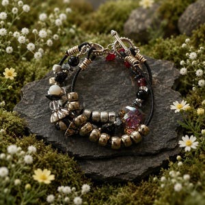 Peut inclure: Un bracelet multi-rangs composé de cordons en cuir noir ornés de perles métalliques argentées, de pierres noires lisses, de cristaux transparents et d'une perle en verre violet facettée, fermé par un fermoir à bascule argenté.