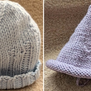 May include: A light blue knit beanie with a ribbed cuff and vertical cable knit texture alongside a light purple knit hat featuring a pointed crown and a rolled brim. Both hats are constructed from thick yarn with visible stitch patterns.