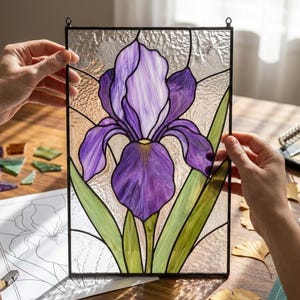 Purple Iris Stained Glass Pattern PDF - Floral Suncatcher Design, Botanical Window Panel Template, Digital Download, SVG PNG