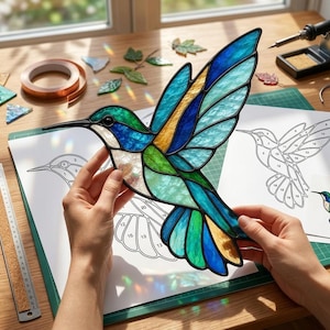 Peut inclure: Un attrape-soleil colibri en vitrail composé de segments de verre bleu, vert et jaune vifs assemblés par des lignes de soudure noires. L'objet est tenu au-dessus d'un patron en papier blanc numéroté, entouré d'outils de vitrail.