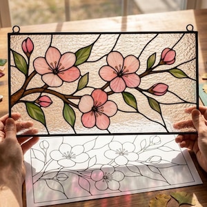 Cherry Blossom Stained Glass Pattern PDF - Sakura Floral Suncatcher Design, Spring Window Panel Template, Digital Download, SVG PNG