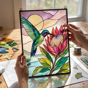 Hummingbird & Protea Stained Glass Pattern PDF - Tropical Bird Suncatcher, Exotic Floral Window Panel Template, Digital Download, SVG PNG