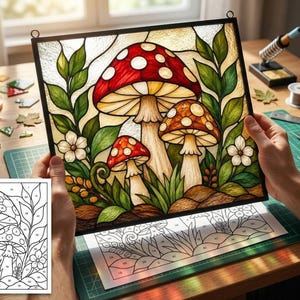 May include: A square stained glass panel featuring three mushrooms with red and brown caps, white stems, and green leaves. The panel is held up, displaying a detailed nature scene with white flowers and textured glass segments in a black metal frame.