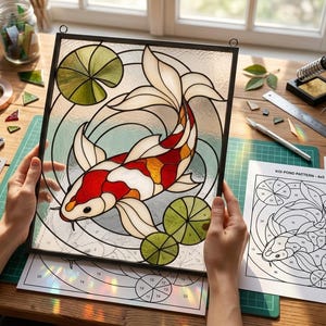 May include: A rectangular stained glass panel featuring a koi fish in red, white, and yellow, surrounded by green lily pads. The panel is framed in black metal and includes a printed paper pattern labeled KOI POND PATTERN - 4x5.