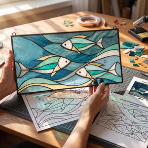 Ocean Fish Stained Glass Pattern PDF - Tropical Marine Suncatcher Design, Coastal Window Panel Template, Digital Download, SVG PNG