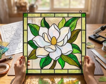 White Magnolia Stained Glass Pattern PDF - Floral Botanical Suncatcher Design, Spring Window Panel Template, Digital Download, SVG PNG