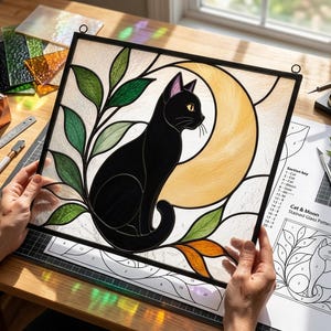 Peut inclure: Un panneau en vitrail carré représentant un chat noir assis devant un grand croissant de lune jaune, entouré de feuilles vertes. Le panneau est encadré de métal noir et comprend une feuille de motif imprimée intitulée Cat & Moon Stained Glass Pattern.