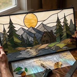 Mountain Cabin Stained Glass Pattern PDF - Rustic Forest Landscape Suncatcher Design, Lake House Window Panel Template, Digital Download