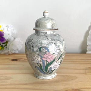 Vintage Fine China Made in Japan Ginger Jar Floral Gray Marble Gold Trim Lidded Decorative Jar