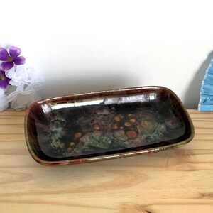 Vintage Rectangular Ceramic Tray Brown Green Abstract Glaze Mid Century Pottery Serving Platter