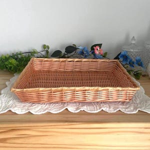 Peut inclure: Un plateau rectangulaire en osier tressé avec une finition brun clair. Le plateau présente une base plate et des côtés bas et droits, fabriqués à partir de roseaux fins et flexibles tressés selon un motif régulier, formant un contenant ouvert.