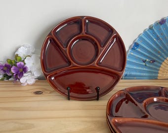 Vintage-Fondueteller, braun, 4er-Set, unterteilte Keramik-Essteller, Retro-Servierteller mit Fächern