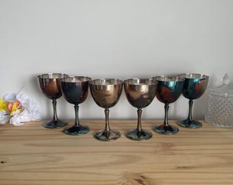 Vintage Kings Plate EP Brass Goblets Set of 6 Iridescent Metal Wine Cups Retro Barware