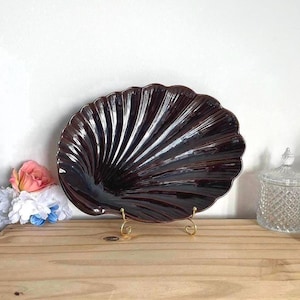 Vintage 1985 Brown Ceramic Shell Plate Scallop Seashell Serving Dish Coastal Beach Cottage Decor