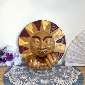 Vintage Sun Face Sculpture With Cupped Hands Celestial Decor Gold And Burgundy