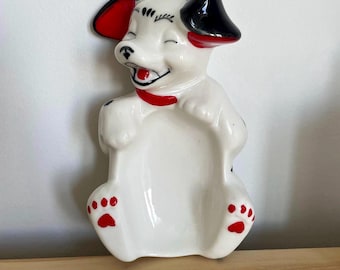 Jabonera vintage con forma de perro, de cerámica roja y negra, para decoración de baño.