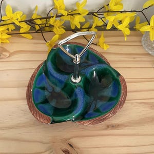 Vintage USA Pottery Divided Serving Dish – Green Blue Drip Glaze Relish Dish with Handle – Mid Century Ceramic Platter
