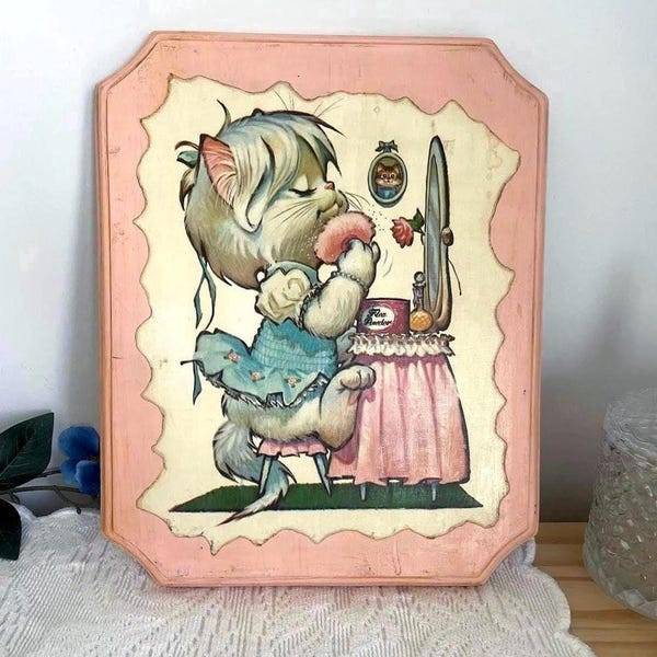 Vintage Kittens Wall Decor Pink Frame Nursery Art Cute Cat Vanity Illustration 1970s Retro Wall Hanging.