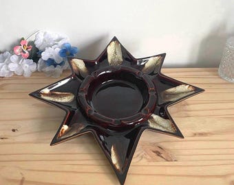 Vintage Pfaltzgraff USA stervormige asbak, bruin, druipend glazuur, keramiek, zonnestraalmotief, sigarenasbak, retro decor