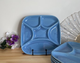Juego de 6 platos cuadrados vintage de cerámica, azules, divididos, fabricados en Japón.