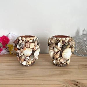 Vintage Seashell Covered Terracotta Pots Set of 2 Coastal Beach Decor Small Shell Planters