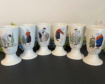Juego de 6 copas / copas de vino de porcelana francesa vintage – “Les Vignerons” (Monique Grivot)