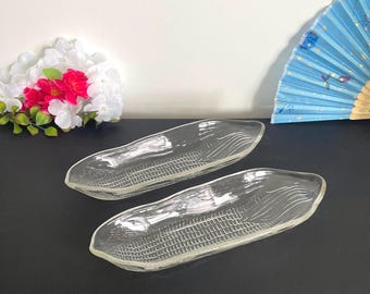 Set of 2 Vintage Clear Glass Corn Cob Dishes Pressed Glass Corn Shaped Serving Trays Kitchen Decor
