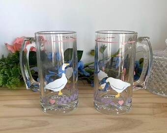 Set of 2 Vintage Goose Beer Mugs Clear Glass Tankards with Country Geese Design Farmhouse Cottagecore Drinkware