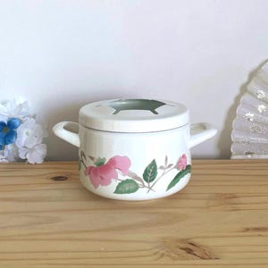 Vintage Mikasa Silk Flowers Fondue Pot Japan Floral Enamel Cookware With Burner 1980s