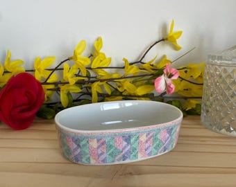 Vintage Spirella Seifenschale, hergestellt in Japan, pastellfarbenes geometrisches Badezimmerdekor, Keramik-Seifenhalter