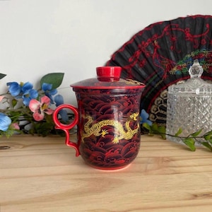 Tazza da tè cinese con drago, infusore e coperchio, tazza da tè vintage asiatica in porcellana, design drago rosso e oro, set di tazze per tè sfuso.