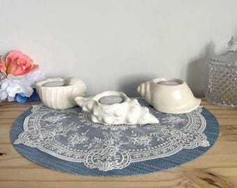 Vintage Ceramic Seashell Tealight Candle Holders Set of 3 White Coastal Beach Cottage Decor