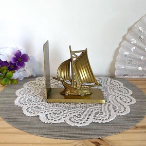 Vintage Brass Sailboat Bookend Single Book End Made in India Nautical Desk Decor