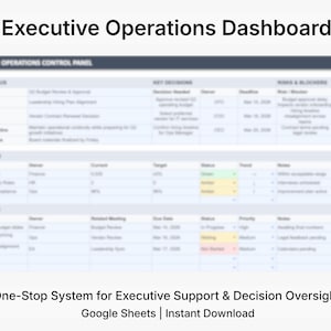 May include: A digital dashboard titled "Executive Operations Dashboard" with data tables. The image includes the text "One-Stop System for Executive Support & Decision Oversight" and "Google Sheets | Instant Download".