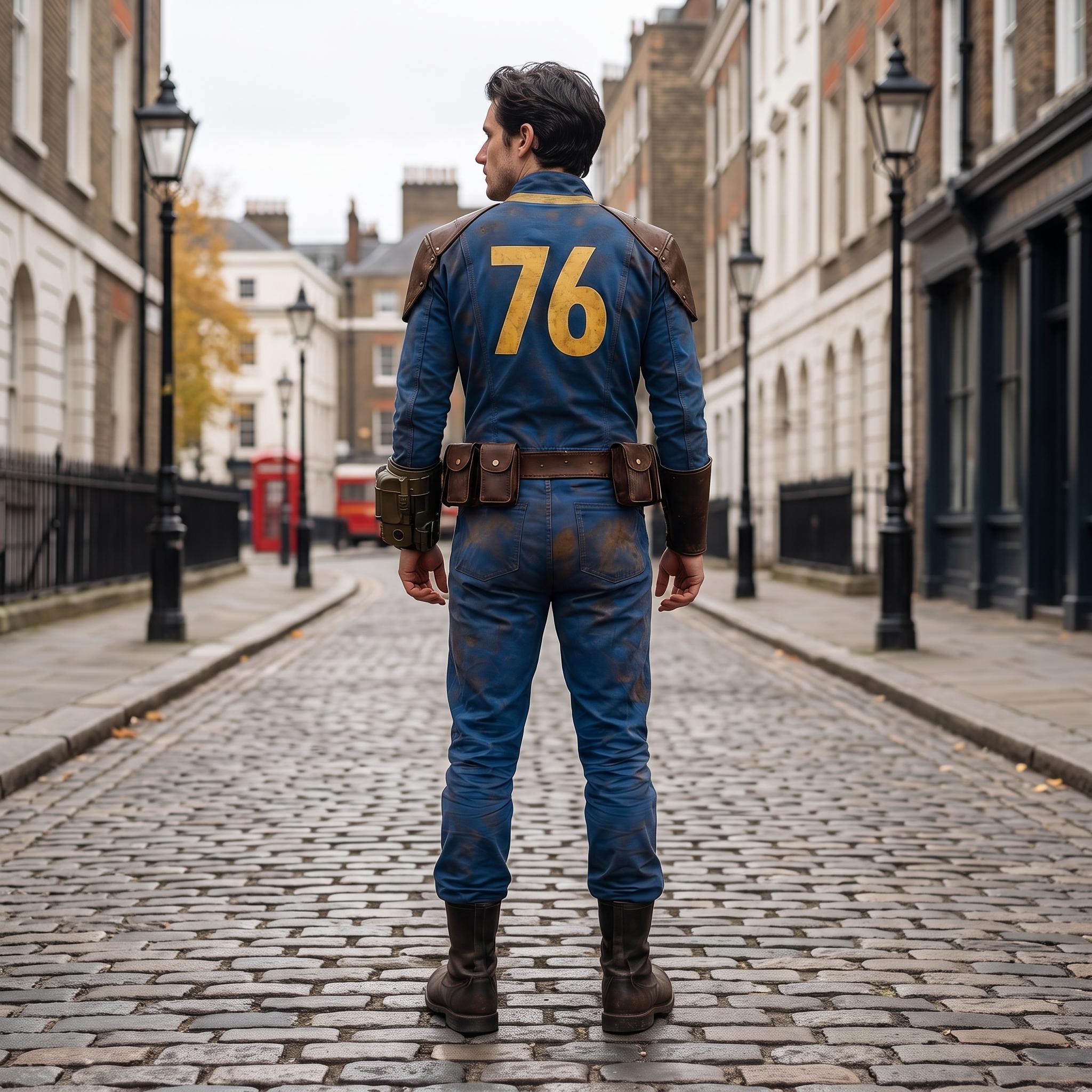 Vault Suit 76 Cosplay Costume with Leather Belt & Shoulder Strap Blue Yellow Jumpsuit Retro Wasteland Gamer Outfit