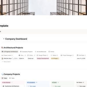 以下が含まれることがあります： 「Company Home-Architecture Template」というタイトルのデジタルドキュメントのスクリーンショット。ドキュメントには、ナビゲーションオプション、会社のダッシュボード、建築プロジェクトと会社プロジェクトのセクションが含まれています。背景には、現代的な建物のぼやけた画像があります。