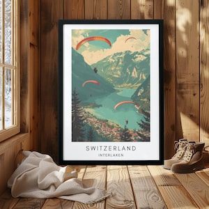 Interlaken Switzerland Paragliding Poster – Swiss Alps Vintage Travel Wall Art