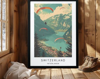 Interlaken Switzerland Paragliding Poster – Swiss Alps Vintage Travel Wall Art