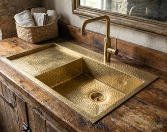 Hammered Unlacquered Brass Sink With Drainboard