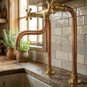 May include: A vintage-style kitchen faucet with a copper body and brass fixtures. The faucet features cross-shaped handles and a curved spout. The design includes exposed copper pipes and is mounted on a wooden countertop, creating a rustic aesthetic.