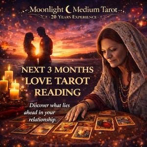 May include: An image promoting a tarot reading service. The text reads "Moonlight Medium Tarot" and "Next 3 Months Love Tarot Reading." A woman is shown with tarot cards, candles, and a couple silhouetted in the background.