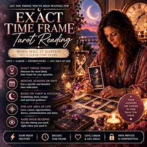 Puede incluir: Un anuncio digital para una lectura de tarot con marco de tiempo exacto, con texto, iconos y una persona sosteniendo una carta. La imagen incluye velas, un reloj de arena y cartas de tarot sobre una mesa con detalles del servicio.