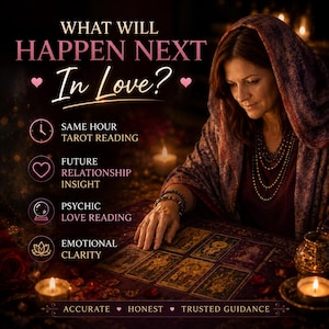 Könnte beinhalten: Ein Bild mit dem Text „WHAT WILL HAPPEN NEXT In Love?“ und Symbolen für Tarot-Lesen, Beziehungseinblicke, hellseherisches Liebeslesen und emotionale Klarheit. Eine Frau betrachtet Tarotkarten auf einem Tisch, mit Kerzen und den Worten „Accurate, Honest, Trusted Guidance“.