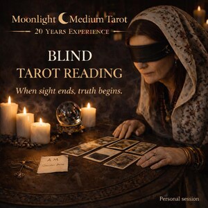 May include: An image promoting a blind tarot reading. The scene includes lit candles, a crystal ball, and tarot cards laid out on a table. The text reads "Moonlight Medium Tarot" and "BLIND TAROT READING".