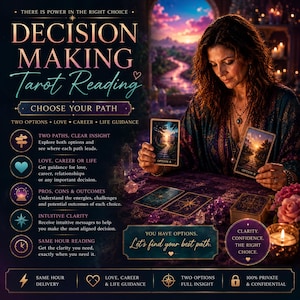 Könnte beinhalten: Eine digitale Anzeige für einen Tarot-Entscheidungslesedienst. Der Text lautet: There is power in the right choice, Decision Making Tarot Reading, Choose your path, Two options, Love, Career, Life Guidance, Same hour delivery.