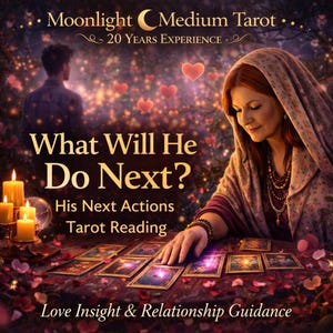 Könnte beinhalten: Ein Bild, das eine Tarot-Lesedienstleistung bewirbt. Der Text lautet "Moonlight Medium Tarot" und "What Will He Do Next?" Eine Frau mit einem Schal betrachtet Tarotkarten. Das Bild enthält Kerzen, Herzen und den Text "Love Insight & Relationship Guidance."