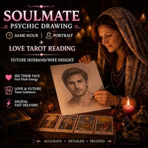 May include: An image promoting psychic services. The text reads "SOULMATE PSYCHIC DRAWING" and "LOVE TAROT READING." A woman is drawing a portrait, with tarot cards and a lit candle on the table. The image promises "FUTURE HUSBAND/WIFE INSIGHT."