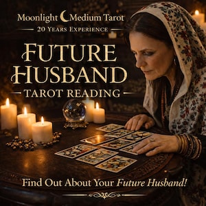 May include: An image promoting a tarot reading service. The text reads "Moonlight Medium Tarot" and "Future Husband - Tarot Reading". A woman is seated at a table with tarot cards, candles, and a crystal ball. The image has a warm, inviting color palette.